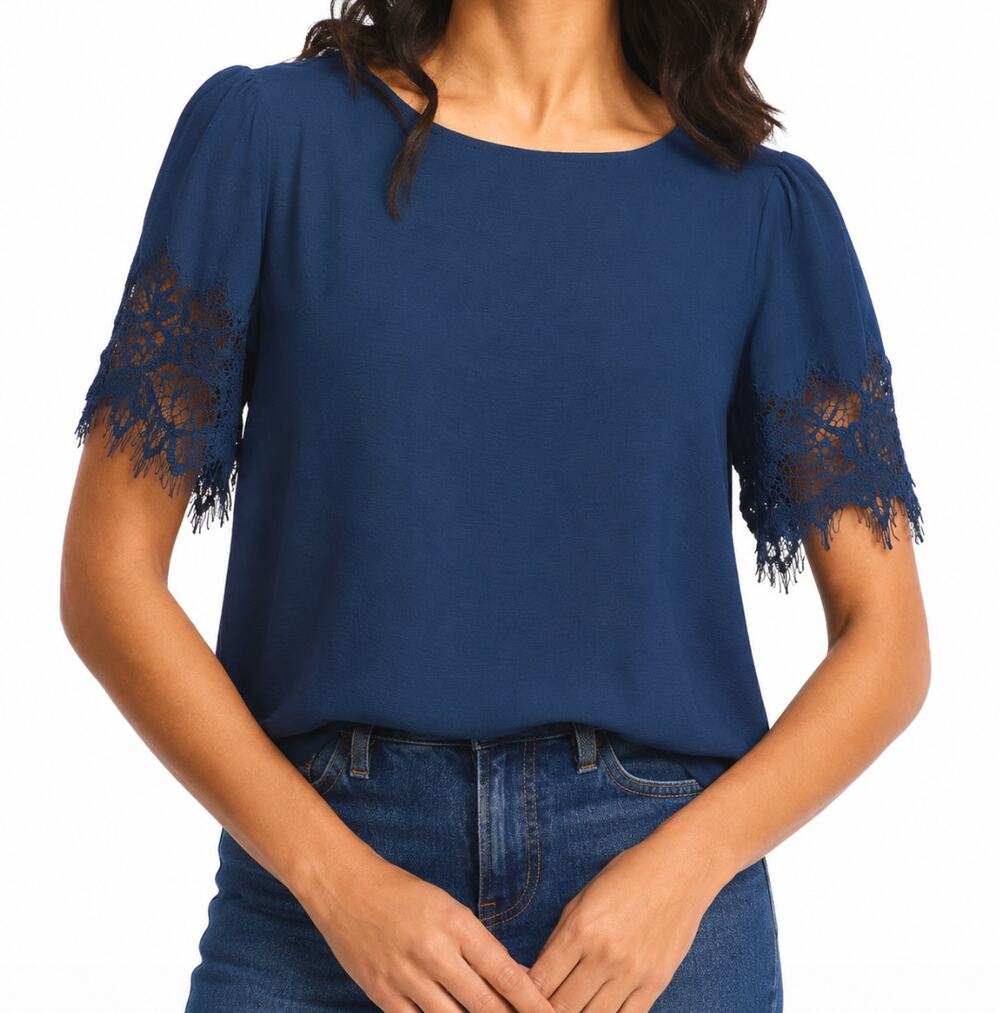 MONTGOMERY POST STITCH FIX Blouse Small Navy Blue Lace Trim Sleeves NWT